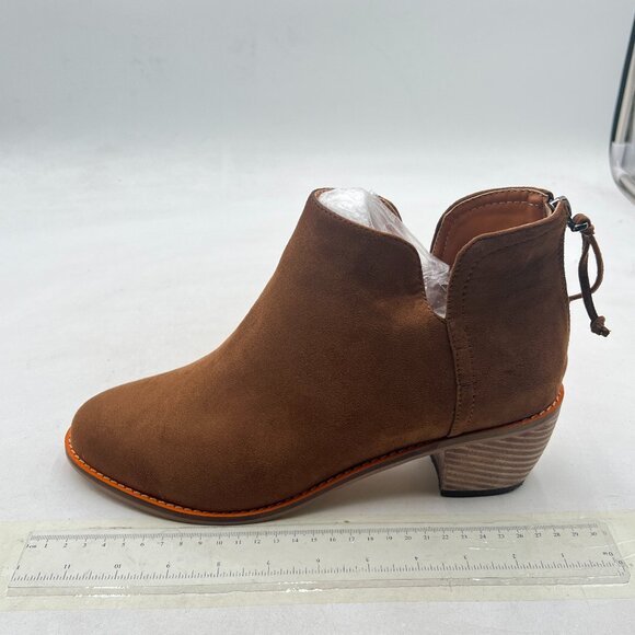 Brown Mid Heels Ankle Bootie Almond Toe Block Low Heel Pumps Classic V Cut Shoes - Picture 2 of 8